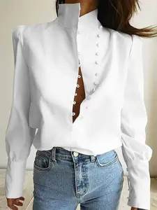 Women's Plain Button Front Shirt, Casual Elegant Long Sleeve Top for Spring & Fall, Women's Clothing for Daily Wear