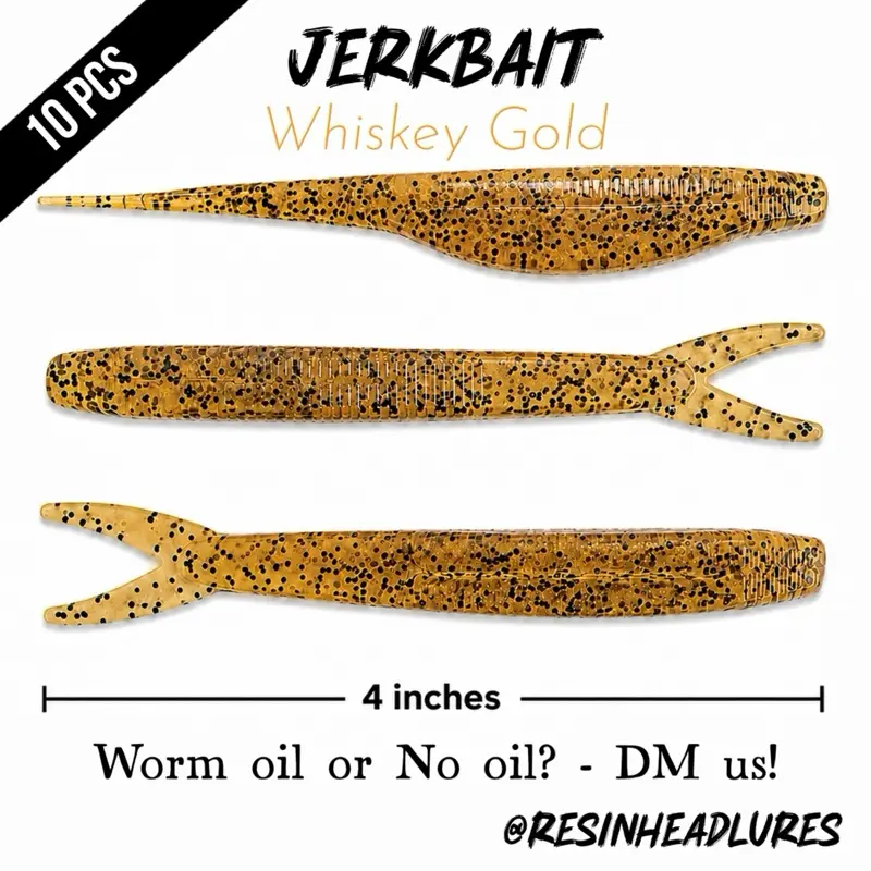 (10PCS) – Freshwater (4”) Jerkbait Lifelike Soft Plastic Fishing Lures – Handmade and Hand-injected Fishing Lures. Color: Whiskey Gold