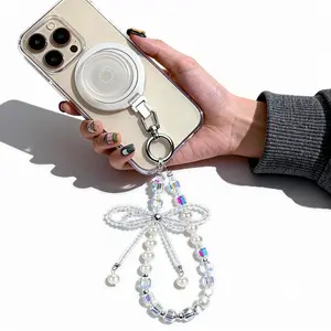 Magnetic Charm with Phone Grip Base for Kindle & Phone – Short Beaded Phone Chain, Anti-Theft Hands-Free Wrist Strap, Detachable Lanyard, Handmade Beaded Wrist Chain (Magnetic Ring Sticker Included for Non-MagSafe Devices)