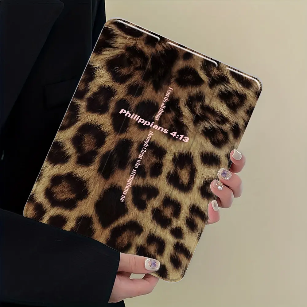 Leopard Print Fur iPad Case, Durable Tablet Casing, Protective Cover with Trifold Stand & Auto Wake/Sleep,Transparent Acrylic Hard Back, Shockproof Full Body Protection, Fits 7.9/8.3/10.2/10.5/10.9/11/12.9/13 Inch Tablets, Ideal for Office School Home