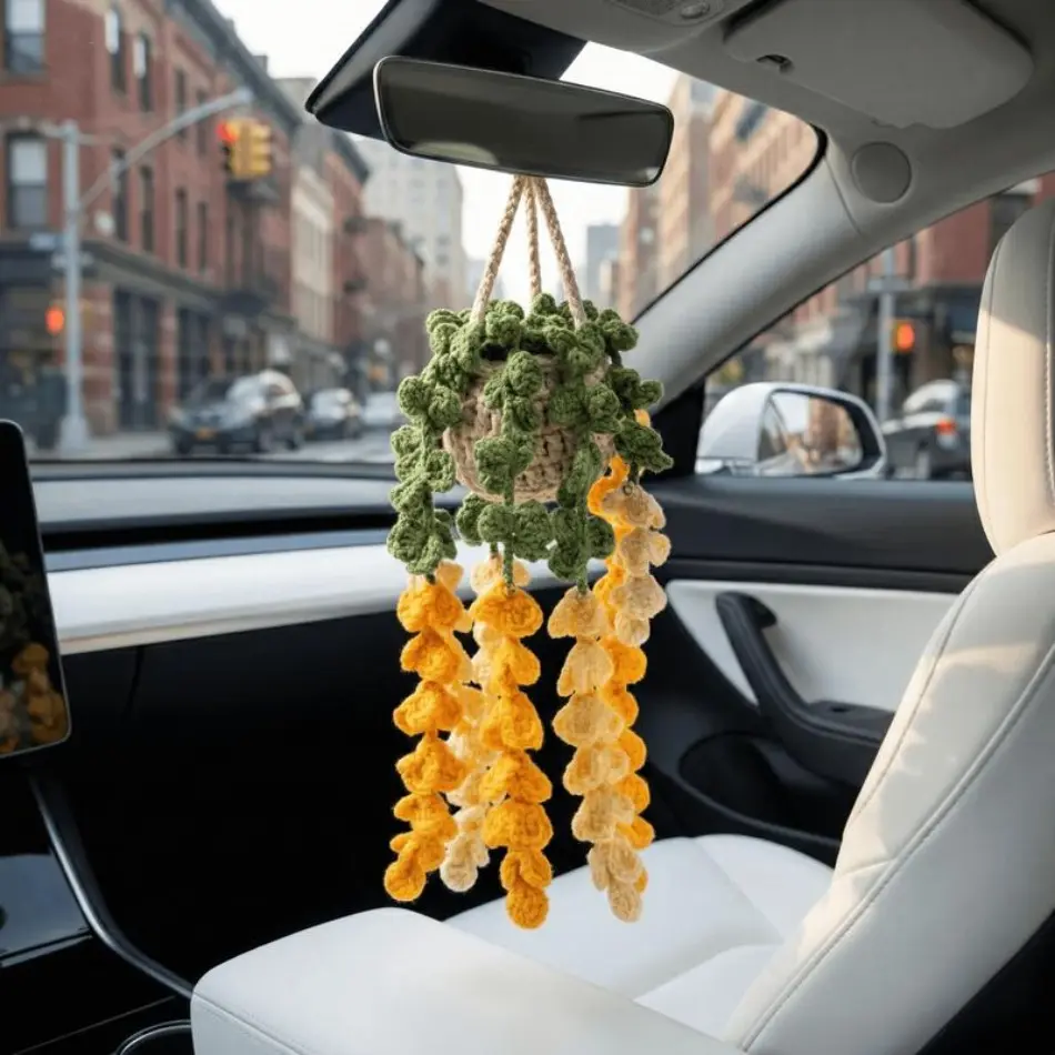 2026 NEW Handmade Crochet Boho Potted Succulent Hanging Plant Car Mirror Home Office Window Decor 1PC Gift for New Car Owners Mother's Day Birthday Christmas TikTokShop, Car Ornament, Car Interior Decoration