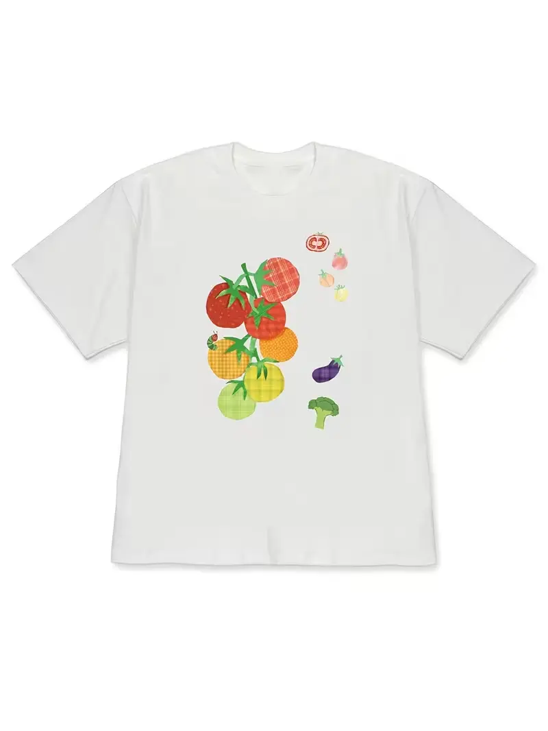 Unisex Cottagecore Patchwork Fabric Tomato Vine Vegetable Graphic T-Shirt, Cute Farm Garden Veggie Lover Casual Short Sleeve Tee