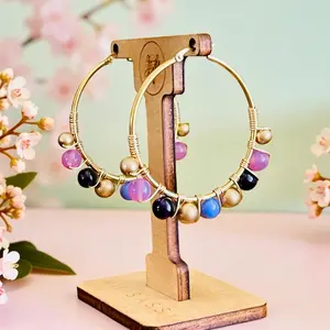 HANSIKA- Purple Multicolored Beaded Wire-wrapped Hoop Earrings Handcrafted Stainless Steel Tarnish-free Lightweight Elegant Jewelry