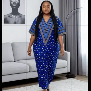 Aso Oke Blue Leopard Print Kaftan Dress with Pockets with  Head scarf included V-Neckline for Women Stylish African Fashion