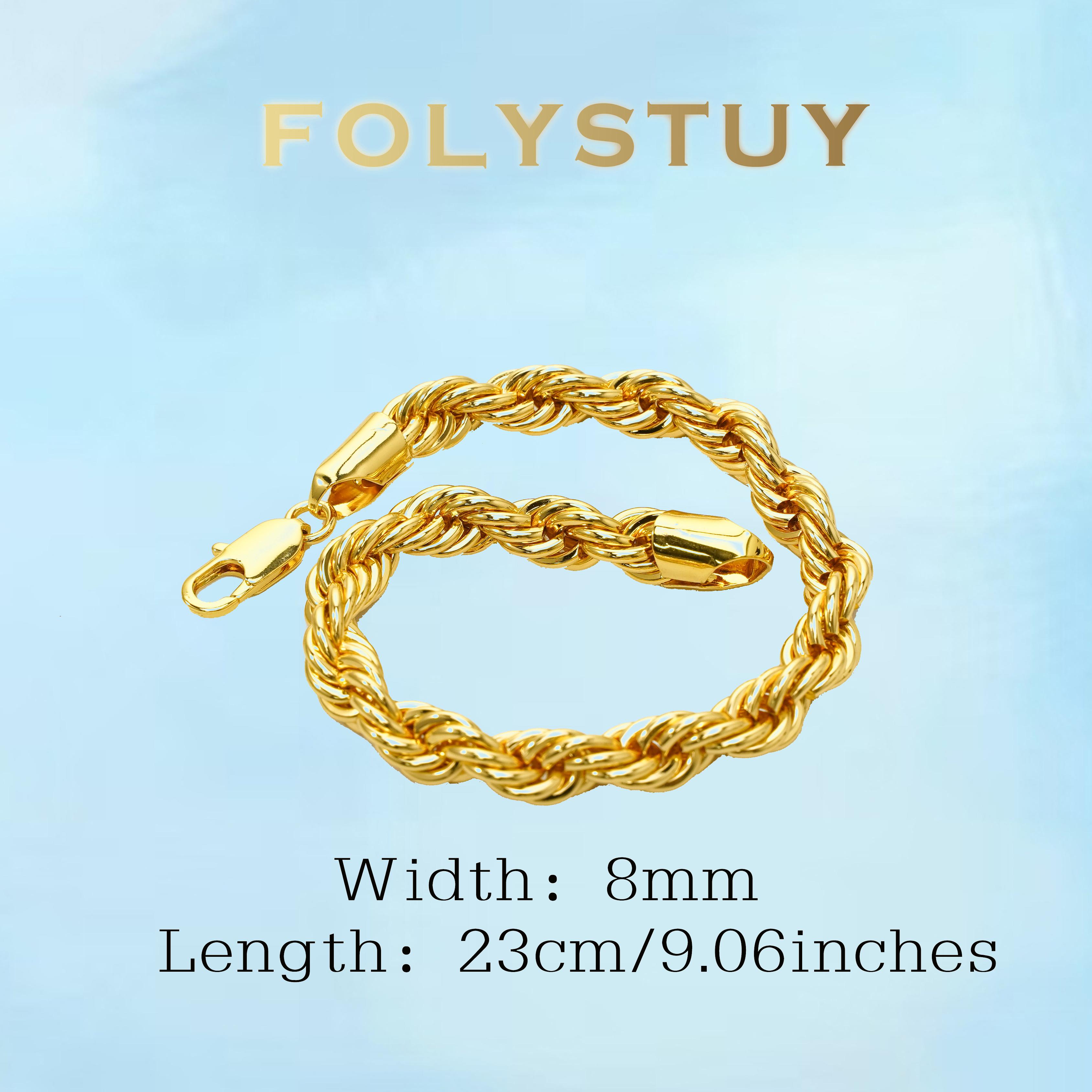 [FOLYSTUY (W164)]Mens Twisted Rope Chain Bracelet, 0.31" Width 9.06" Length, Sturdy Statement Wrist Bangle for Daily Wear & Street Style
