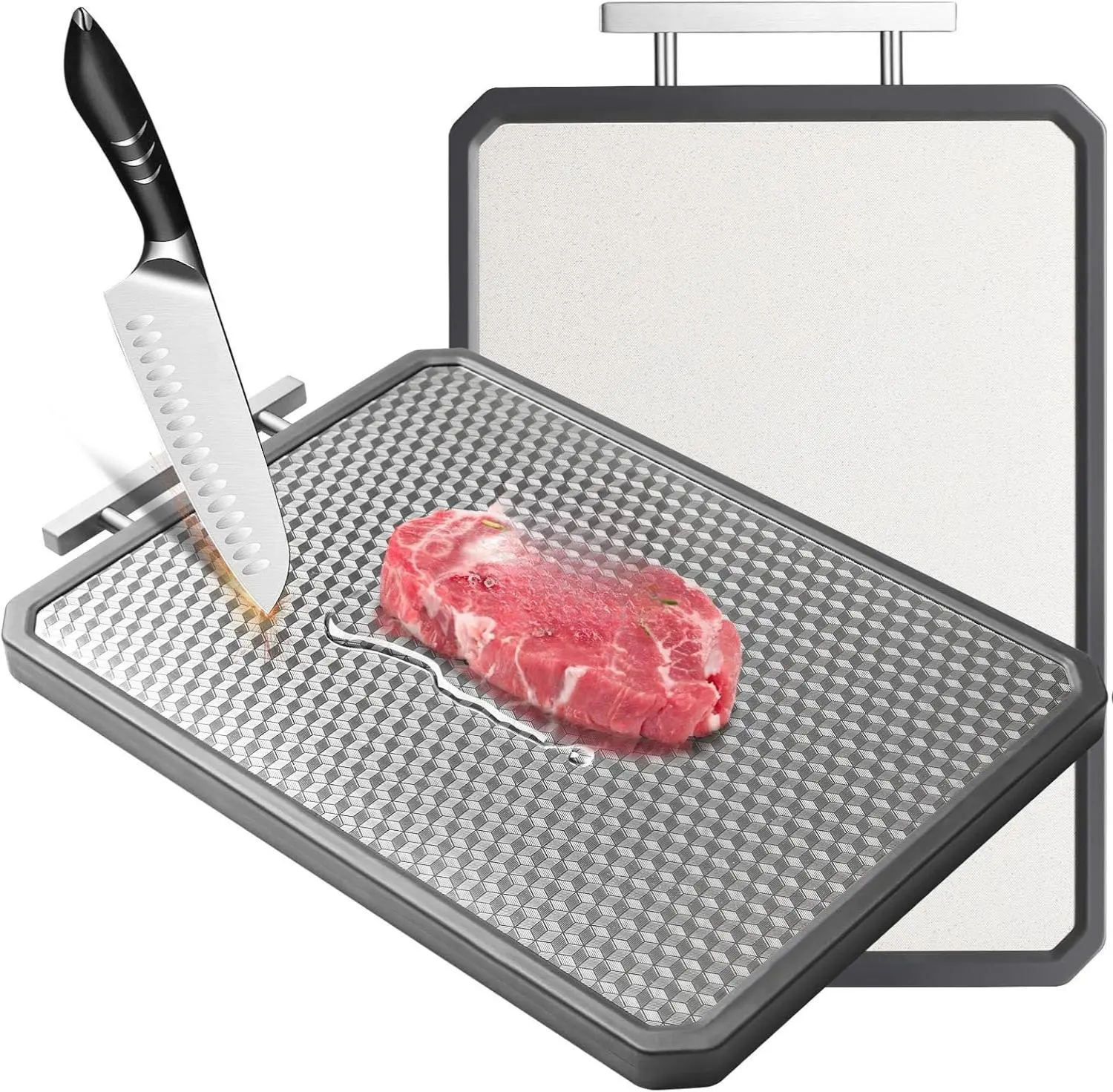 Stainless Steel Cutting Board for Kitchen, Large Chopping Board（16.42×11 In）Double Sided Non-Slip Edge Scratch-resistant Mesh Design, Food-Grade Wheat Straw PP, Non Toxic Cutting Board,Easy to Clean