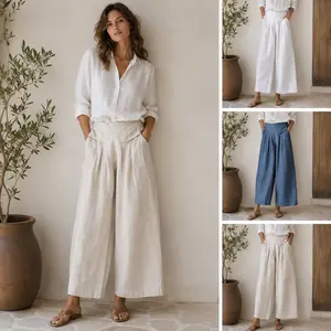 Women's High Waisted Linen Look Palazzo Pants - Flowy Wide Leg Culottes for Summer, Baggy Loose Fit Trousers with Pockets, Comfy Casual Vacation Outfits (Beige, White, Blue)