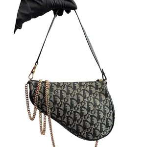 Pre-owned Dior Canvas Crossbody Bags CHRISTIAN Navy Trotter Saddle Bag with Chain