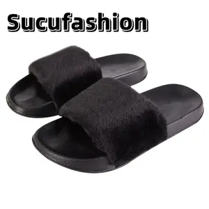 Sucufashion Women's Fur Slippers with Arch Support Anti-Slip EVA Sole Open Toe Soft Comfortable Lightweight Eco-Friendly Flipflop for Home & Travel