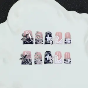 10Pcs Handmade French Press On Nails, Acrylic Fake Nails with Angel & Rhinestone Snake,3D, Reusable Detachable False Nails, Y2K Sweet Cool Bad Girl Style DIY Nails, Long Lasting Waterproof Non-damaging, Festival Gift with Nail Tool Kit