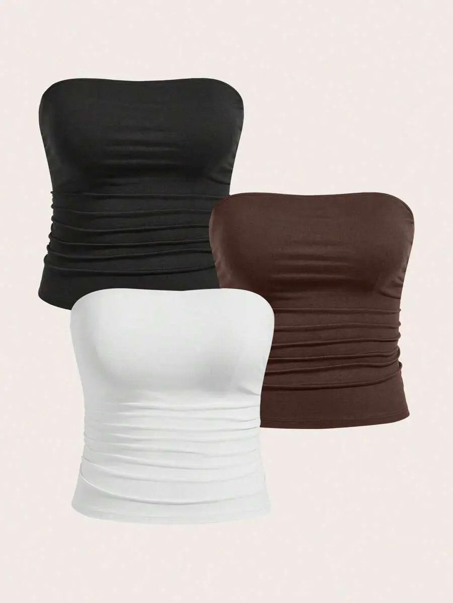 Plus Size Women Casual All-Match Solid Color Ruched Fitted Tube Top