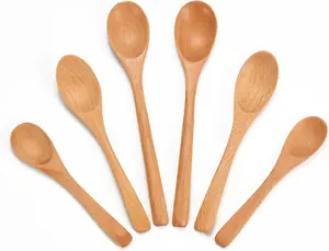 6 Piece Wooden Spoons Set - Premium Beech Wood Small Spoons in 3 Sizes (4.9", 5.9", 7.1") for Honey, Tea, Coffee, Multi-Purpose Mini Teaspoons Utensils for Ice Cream and Soup