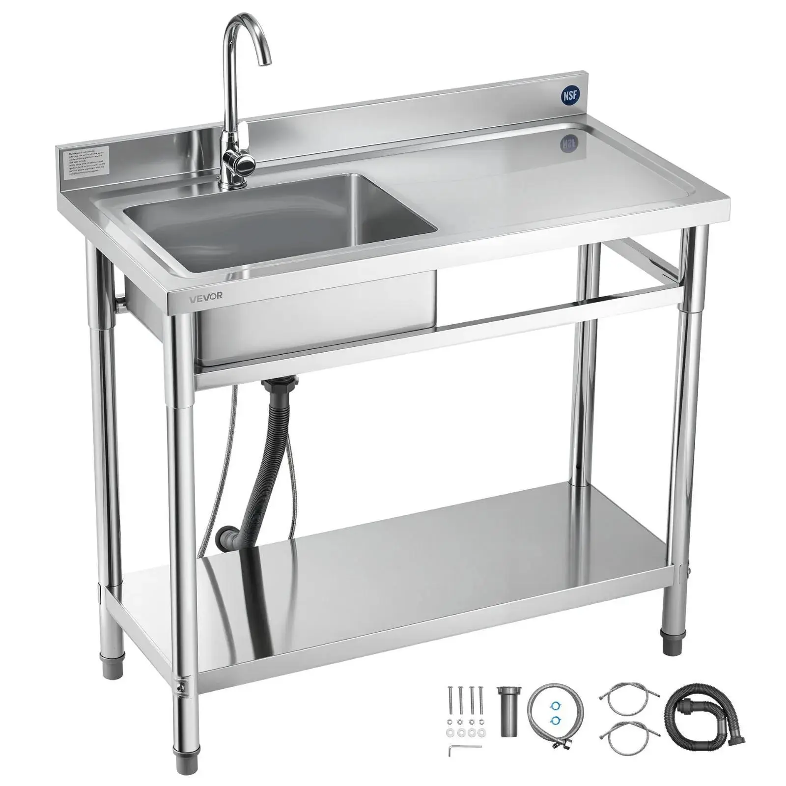 VEVOR NSF Certified Stainless Steel Outdoor Kitchen Sink Workstation, 39.4 x 19.7 x 37 inches Adjustable Free-Standing Single Right Basin Utility Sink with Faucet, Hot-Cold Water Pipes & Long Hose for Organizing, Washing in Patio, Garage