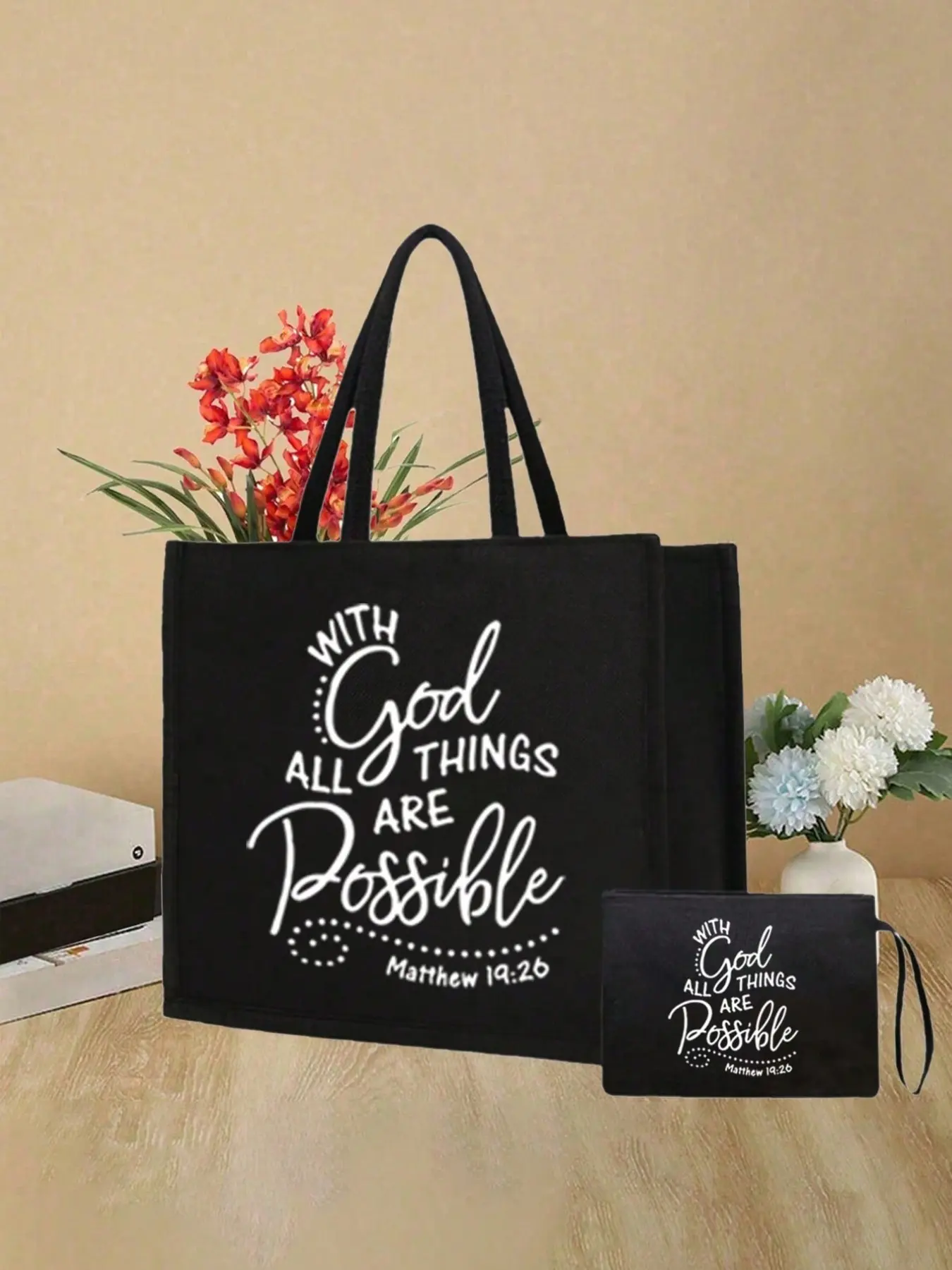 Christian Theme Handbag and Makeup Bag Set, Cosmetics Bag, Vacation Style Letter Design, Perfect for Shopping, Weddings, Birthdays, Beaches, Holidays