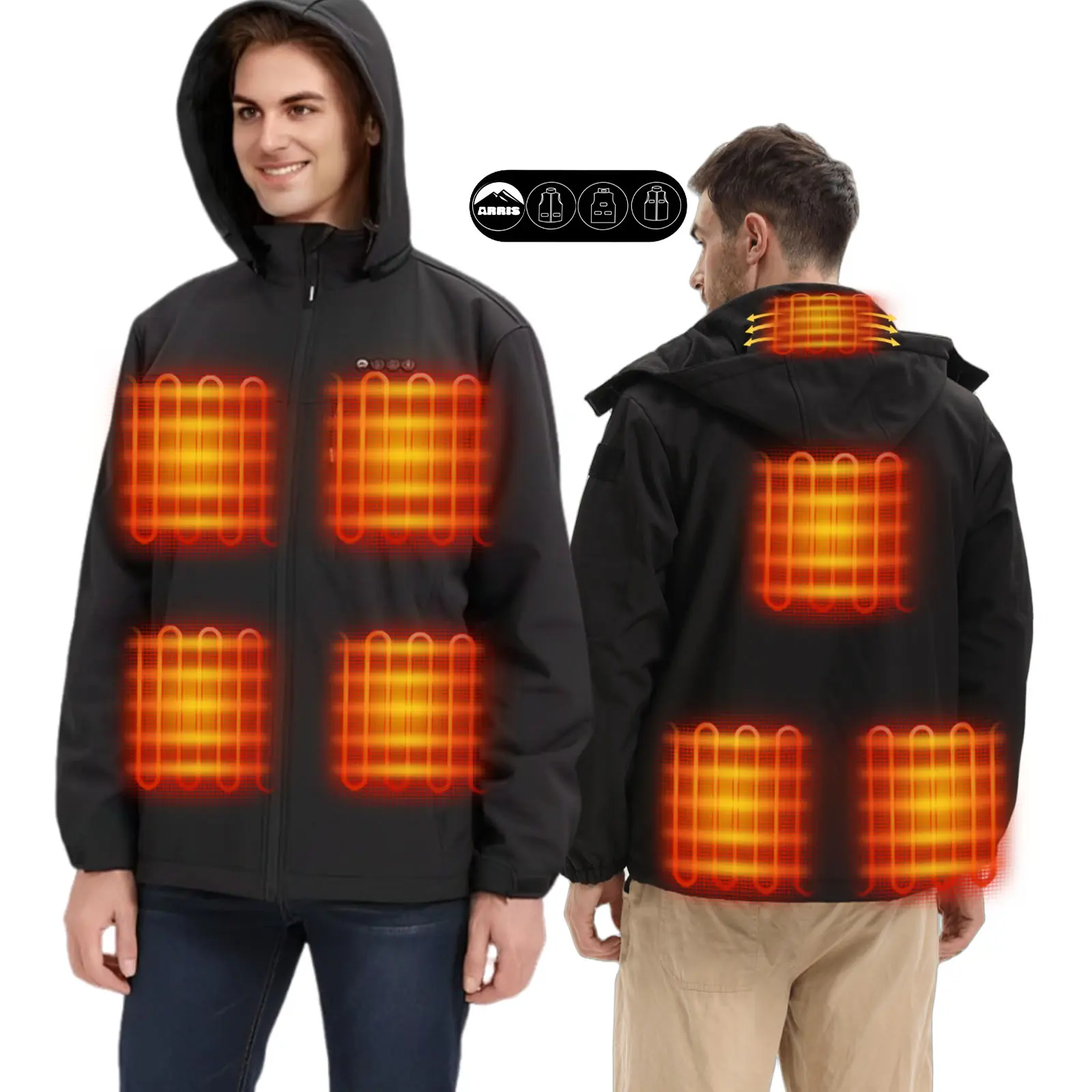 ARRIS Waterproof Men’s Heated Jacket with Battery – 8 Heat Zones & Detachable Hood for Winter Outdoors