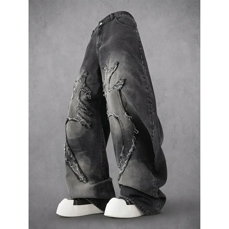 Men's Wide Leg Punk Jeans, Retro 90s Rock Streetwear with Gothic Flame Patchwork, Frayed Hems and a Black Gradient Wash for the New Year