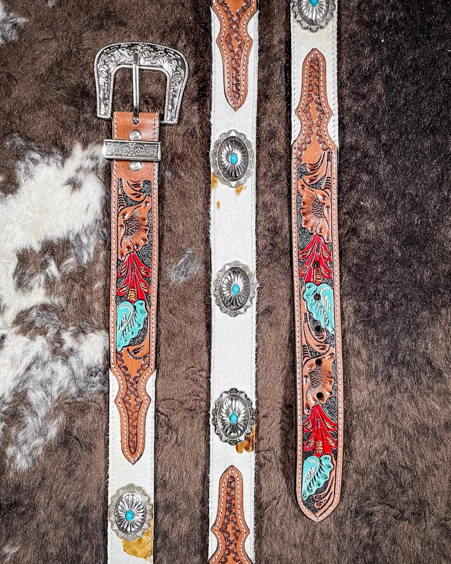 Myra Bag Western Buckle Leather Concho Belt, Hand-Tooled Cummerband Fashion Accessory, Western Buckle Belt, Leather Belt