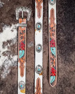 Myra Bag Western Buckle Leather Concho Belt, Hand-Tooled Cummerband Fashion Accessory, Western Buckle Belt, Leather Belt