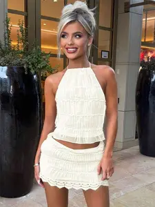 VRONA Smocked Halter Cropped Cami Bodycon Short Slip Co Ord Cocktail Party Y2K Fashion