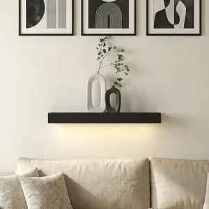 Spaco 23.6" Durable Matte Black Floating Shelves - Hidden Brackets, LED Lights, Anti-Sag Design for Bathroom Vanity, Bedroom