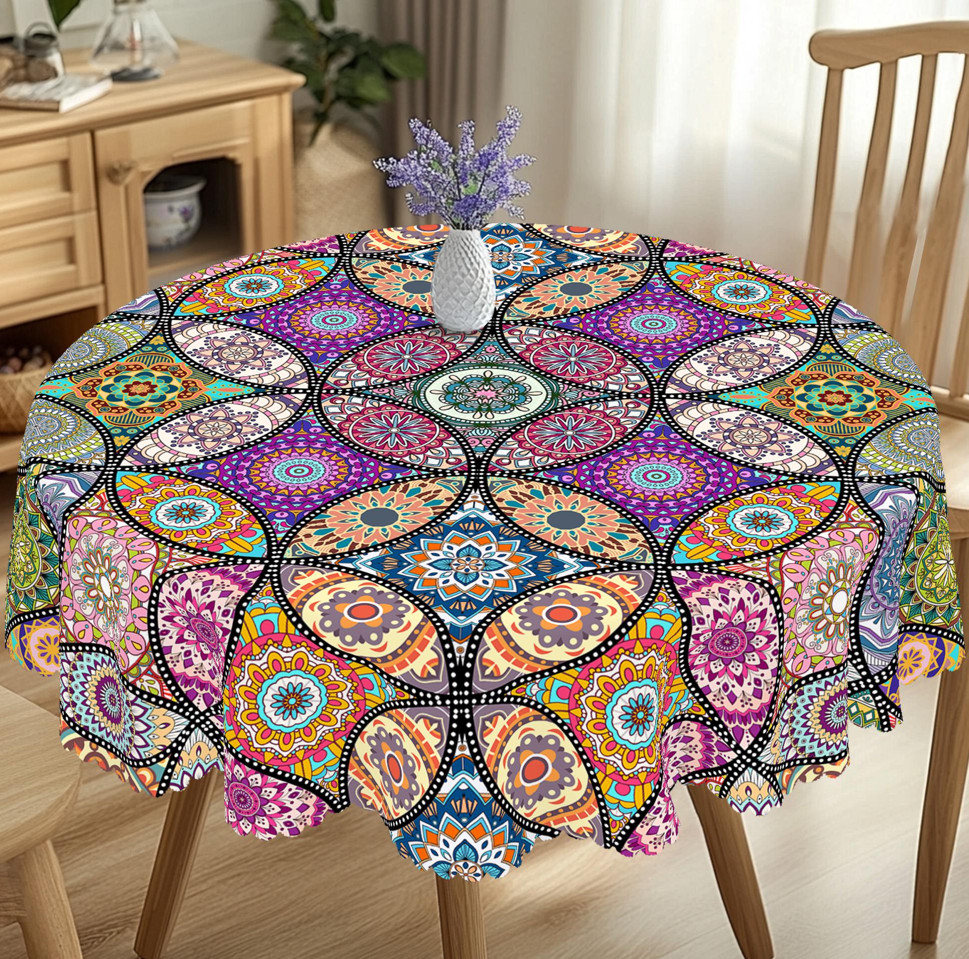 PLUMLIK Vibrant Boho Tablecloth, Colorful Retro Bohemian Round Rectangle Tablecloth, Exotic Style Decoration for Outdoor Indoor, Suitable for  Farmhouse Courtyard Thanksgiving Day Christmas Party, Daily Holiday Kitchen Restaurants, Home Dorm Accessories