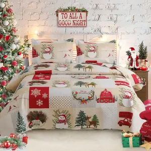 Christmas Quilt Set King Size Xmas Red Beige Plaid Snowman Lightweight Reversible Bedspread Coverlet Xmas Tree Snowflake Elk Bedding Set Gift for Kids Adults