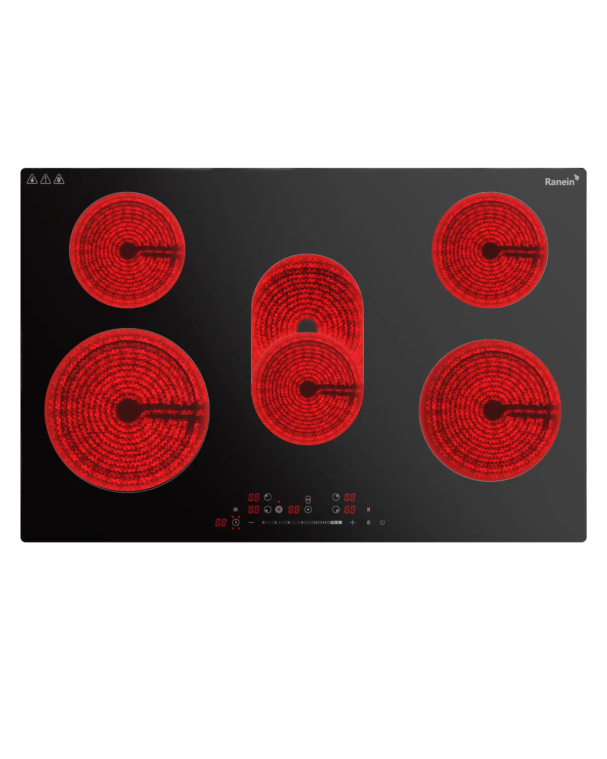 Ranein Electric Cooktop with 5 Burners, 30 inch 8800W 240V Ceramic Panel Electric Cooktop, Multiple Safety Protections Stove, Touch Screen
