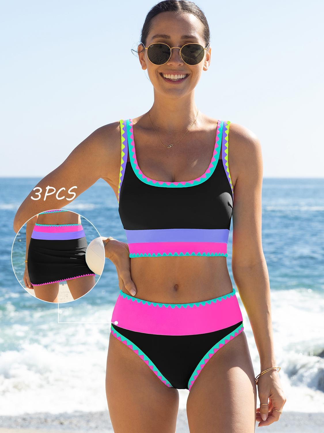 Beachball Kayaking 3 Piece Bikini Sets,Tummy Control & High Waisted Swimsuit with Adjustable Wide Shoulder Straps, Neon Color Sporty Swimsuit