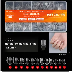 Almond Gel Nail Tips, 504PCS Pre Etched Clear Fake Nails Tips Medium Almond Shape - 12 Sizes Full Cover Soft Acrylic Press On Nail Extensions No C Curve Gift for Diy at Home