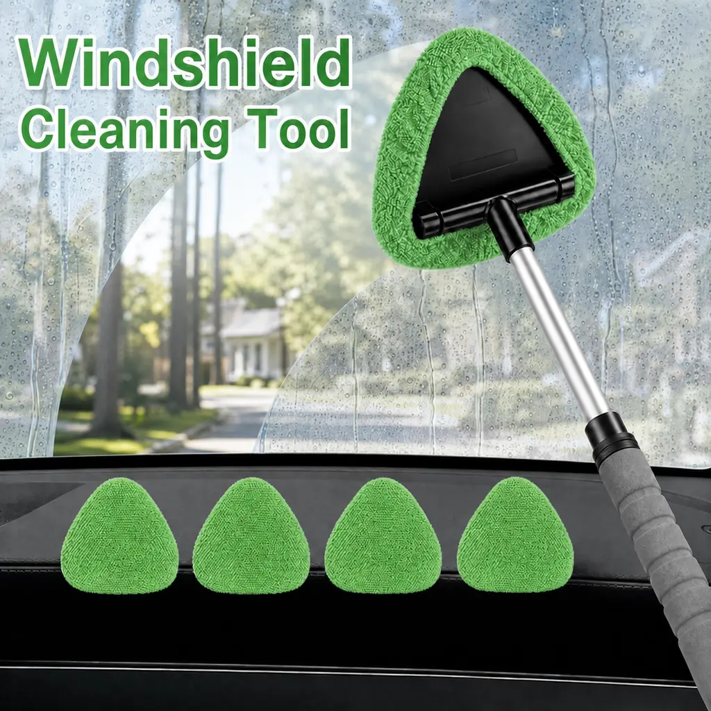 Extendable Long-Handle Car Windshield Cleaner Tool, Automotive Accessory with 4 Replaceable Reusable Microfiber Pads, Cleaning Towel for Efficient Front Pane Fog & Moisture Control