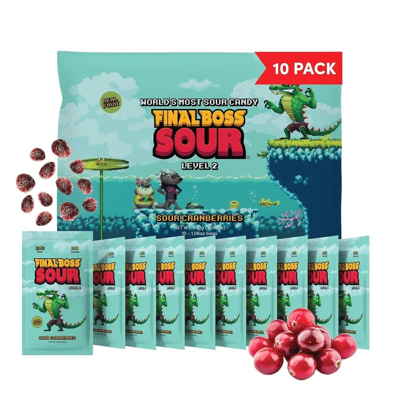 Final Boss Sour Candy, Sour Cranberries, 10 Pack, Level 2, Fruit Chews with Real Dried Fruit, No Artificial Colors or Flavors, Low Calorie Snack for Kids, Teens, Adults, Lunch Boxes