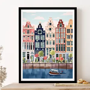 Wall Art, Amsterdam Netherlands Canals Travel Art Print, Poster, Vintage Illustration, Room Decor, Unframed
