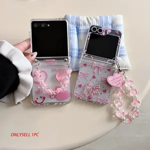 Pink Bow & Heart Clear Protective Foldable Smartphone Case Cover with Chain for Samsung Z Flip3/4/5/6/7/7FE, Sweet Girl Aesthetic, Cute Niche Design