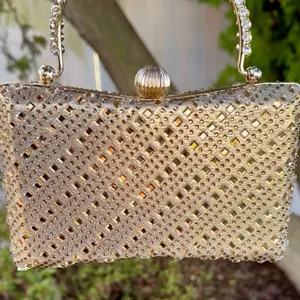Gold! Beautiful mirror work crystal clutch with a detachable sling fits a phone crystal top handle