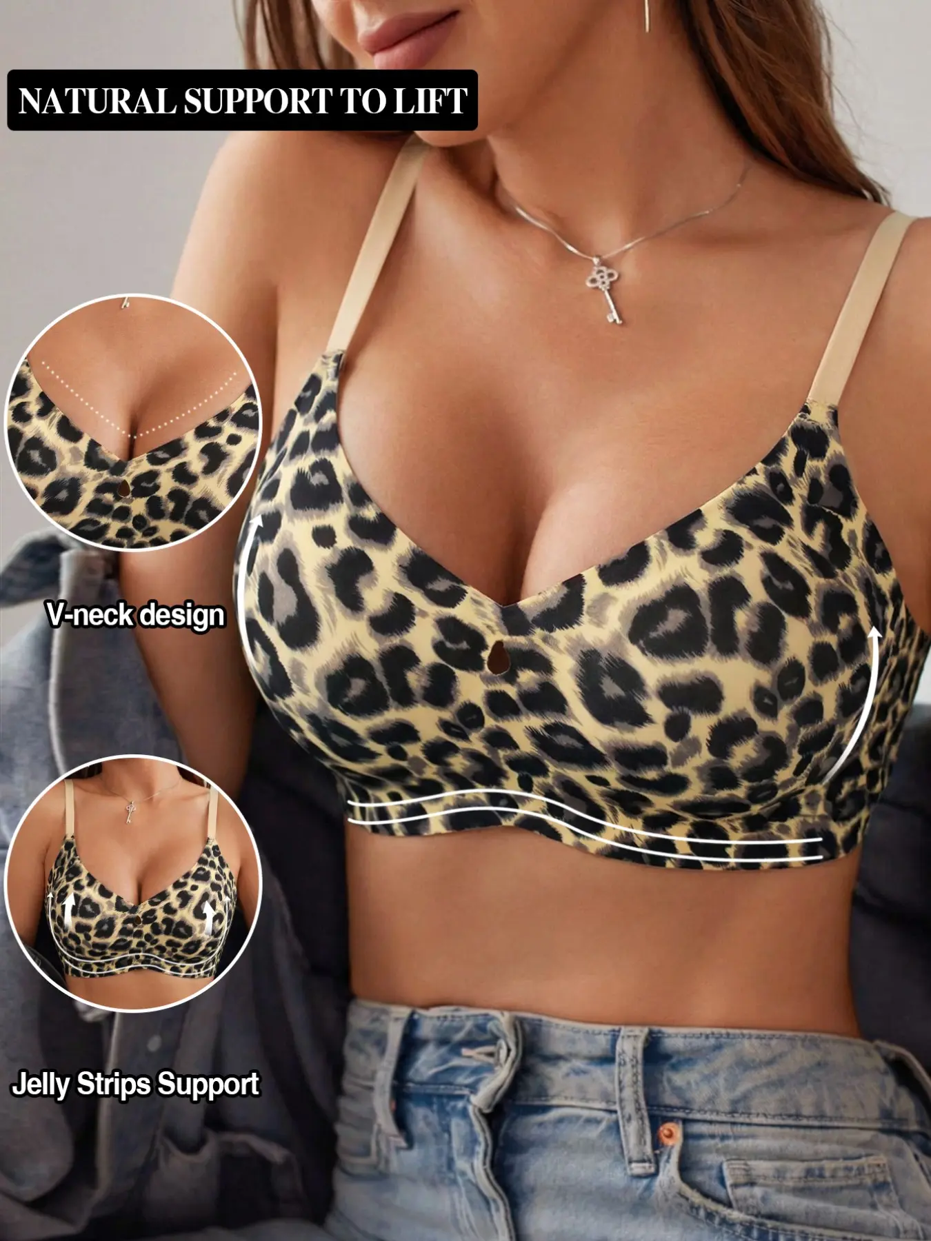 🔥 Leopard Print V-Neck Wireless Bra, Jelly Strip Support, Natural Lift & Shaping, Adjustable Straps, Breathable Seamless Fabric, For Daily Wear