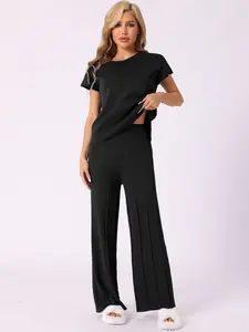 INSPIRE CHIC Womens Knit Tracksuit Lounge Matching Sweatsuits Tops and Wide Leg Pants 2 Piece Outfit Set Black