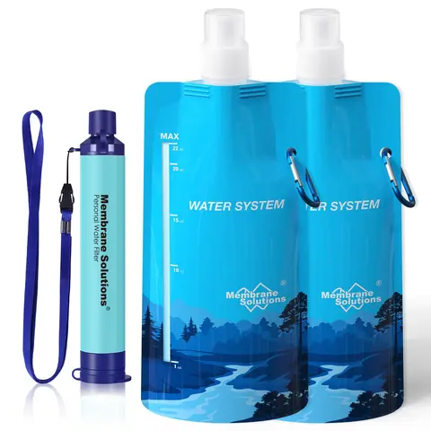 Membrane Solutions Squeezable Compact Outdoor Water Filter Kit - 0.1 Micron Pore Size Water Based Purifier, Portable Straw, 23oz Collapsible Reusable Bottle, 5000L Capacity, E.coli & Chlorine Removal, Durable & Easy to Use for Hiking, Camping