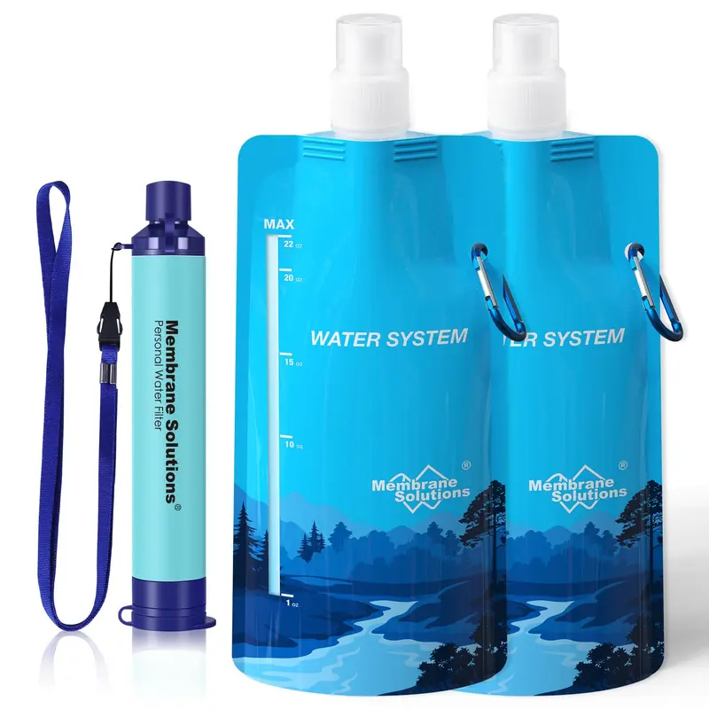 Membrane Solutions Squeezable Compact Outdoor Water Filter Kit - 0.1 Micron Pore Size Water Based Purifier, Portable Straw, 23oz Collapsible Reusable Bottle, 5000L Capacity, E.coli & Chlorine Removal, Durable & Easy to Use for Hiking, Camping