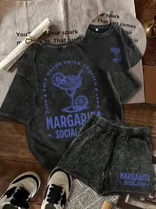 Two-Piece Set Women's Fitted Margarita Print Tee & Shorts, Casual Short Sleeve T-shirt & Shorts, Ladies Clothes for Daily Wear, Suits, Matching Outfits
