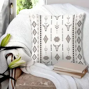 Navajo Bison Skull Totem Throw Pillow with Insert, 45cm Square Zipper Closure, Beige with Bull Skull Silhouette, Diamond Pattern, Soft Polyester Fiber, Bedroom & Sofa Decor Cushion, Western Room Accent