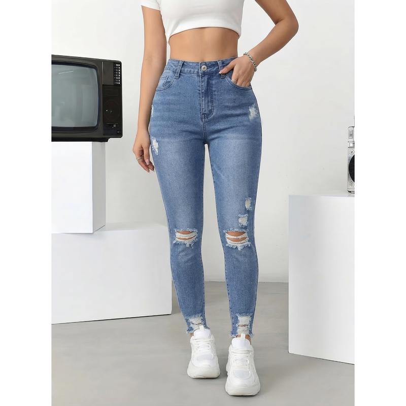 Women's High-Waisted Ripped Denim Bottoms - Comfortable Fit, Distressed Details, Modern Style, Everyday Lady's Jeans with Pocket