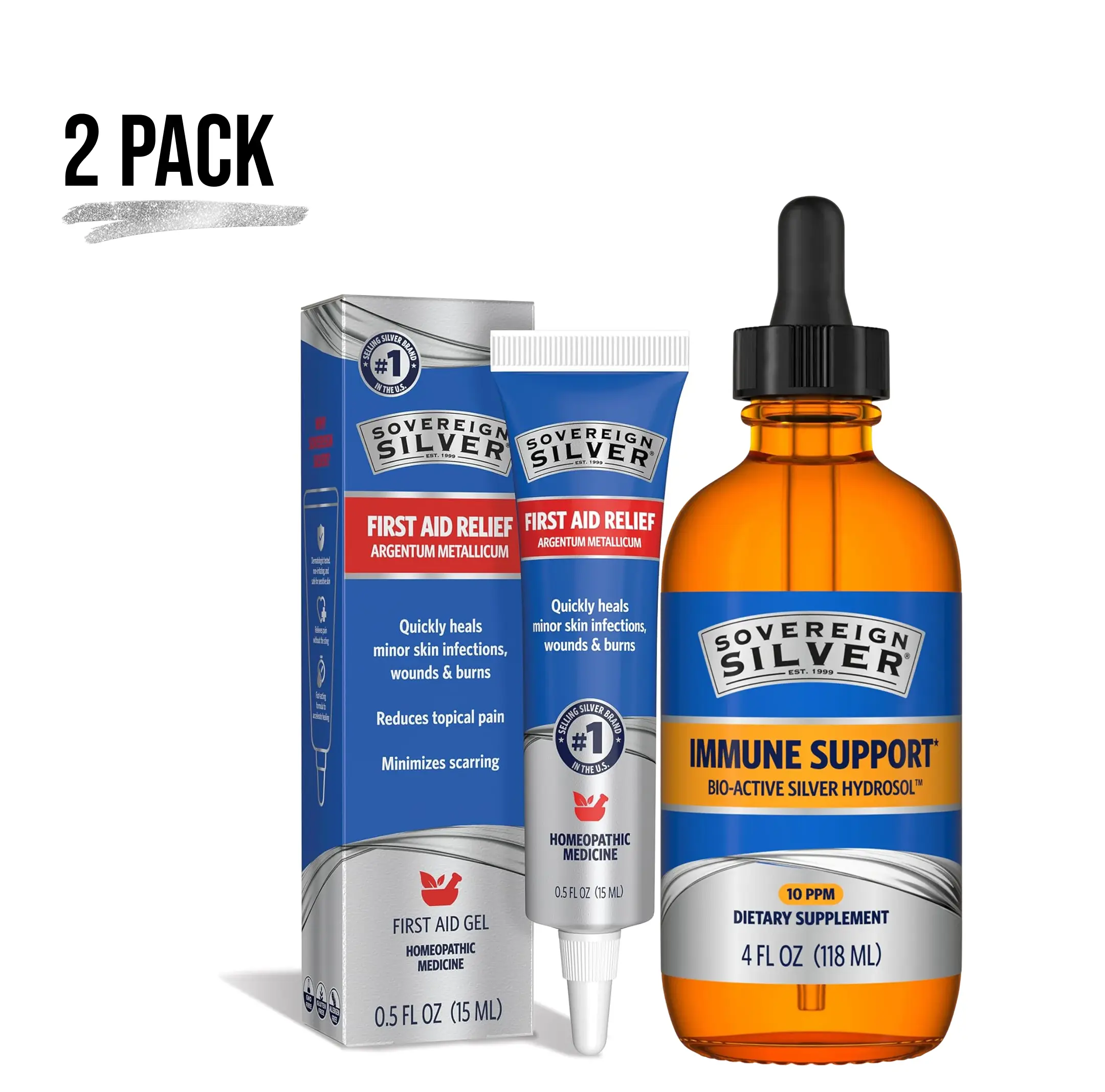 Sovereign Silver Immune Support Supplement Liquid Drops and  First Aid Relief Gel Remedies Treatment Bundle