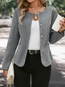 Women's Classic Button Front Woven Short Coat, Casual Fitted Design with Moderate Fabric Thickness, Perfect for All Seasons Wear Jackets