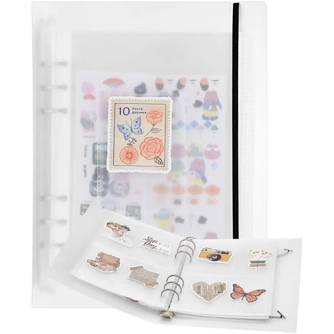A5 Sticker Organizer Binder Album, Sticker Storage Collecting Album, 200 Pockets Sticker Storage Binder Sleeves for Stickers, Recipe Cards Display and Protector, 3 Different Sized Pockets