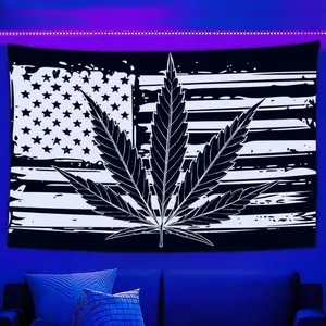 Cool Psychedelic Marijuana Leaf Black and White American Flag Tapestry UV Reactive Wall Tapestry Psychedelic Neon Tapestry Wall Hanging tiktokshopspringglowup