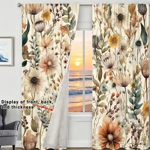 2 Bohemian retro art printed curtains, Floral pattern, wild plant flower design, pole pocket hanging, window treatment, polyester fiber, semi blackout enhanced privacy, suitable for bedroom, living room, office home decoration