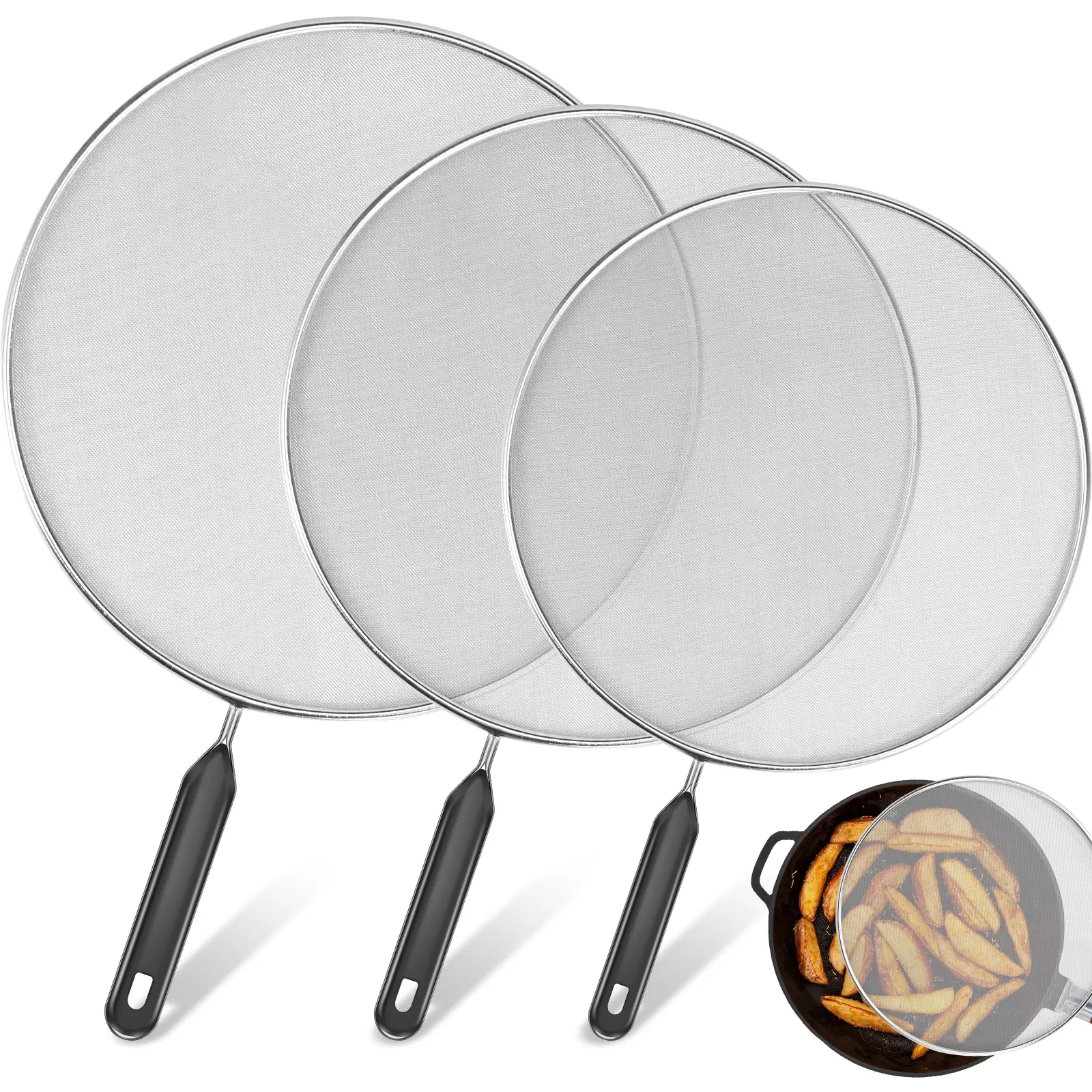 3Counts Splatter Guard with Handle Stainless Steel Mesh Splatter Screen Splash-Proof Oil Splatter Guard Temperature Resistant Splatter Screen Strainer 9.8 in+11.4 in+13 in for Kitchen Cooking Frying Pan