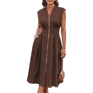 Womens Summer Casual Dress, Business Office Work Dresses, Cap Sleeve Zipper Front Flowy Midi Dress with Pockets