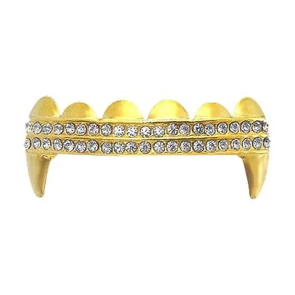 Hip Hop Style Vampire Fang Double Iced Out Rhinestones Gold Grillz Top, Brass & Silicone Party Accessory, Festive Supplies with Storage Box, Entertainment & Decoration Accessories
