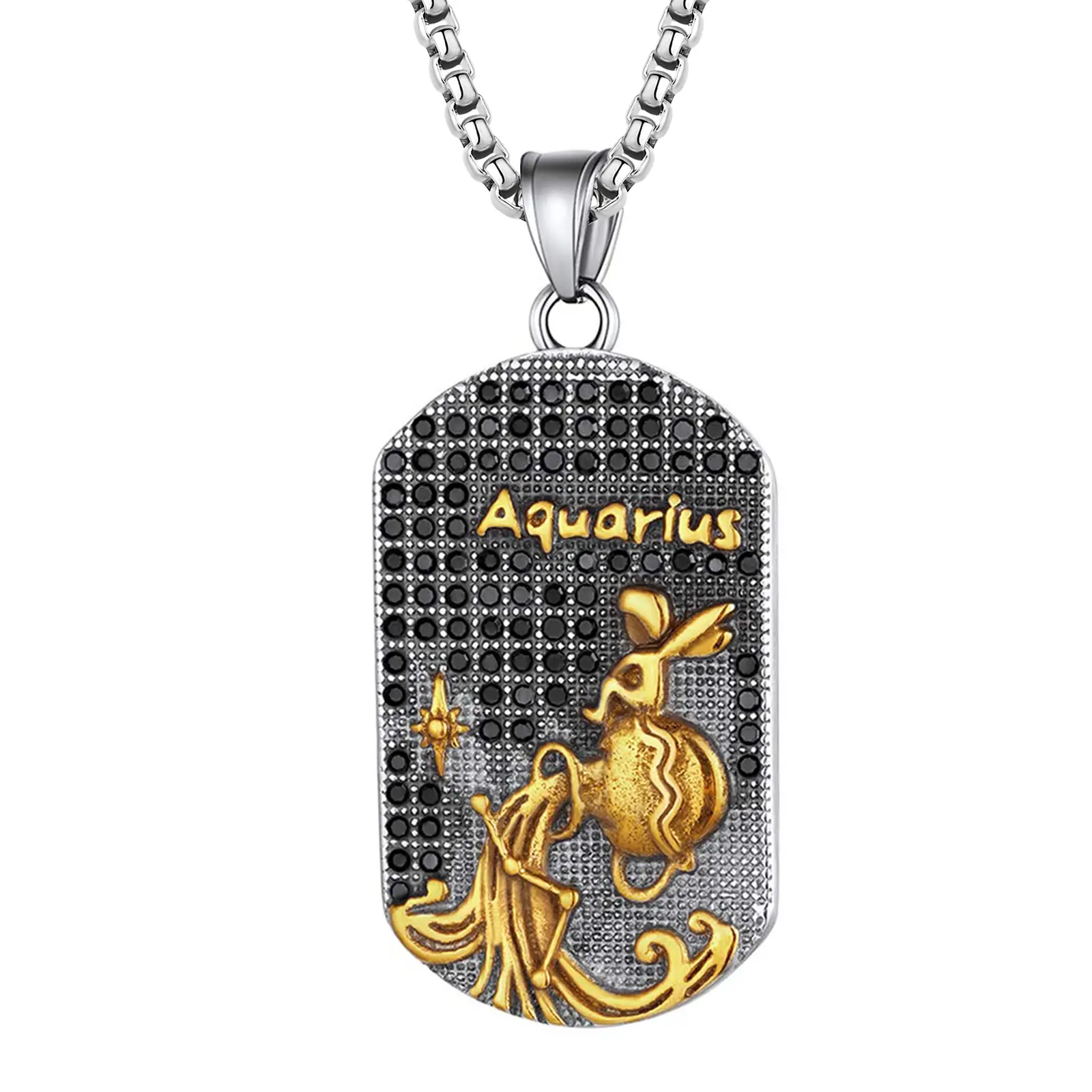 OIDEA Stainless Steel Zodiac Necklace for Men Women, Dog Tag Pendant with Aquarius Graphic and 24 in Chain, Engraved Constellation Birthday Gift, Aquarius Graphic Necklaces, Birthday Gift Ideas, Aries, Cancer, Gemini, Virgo